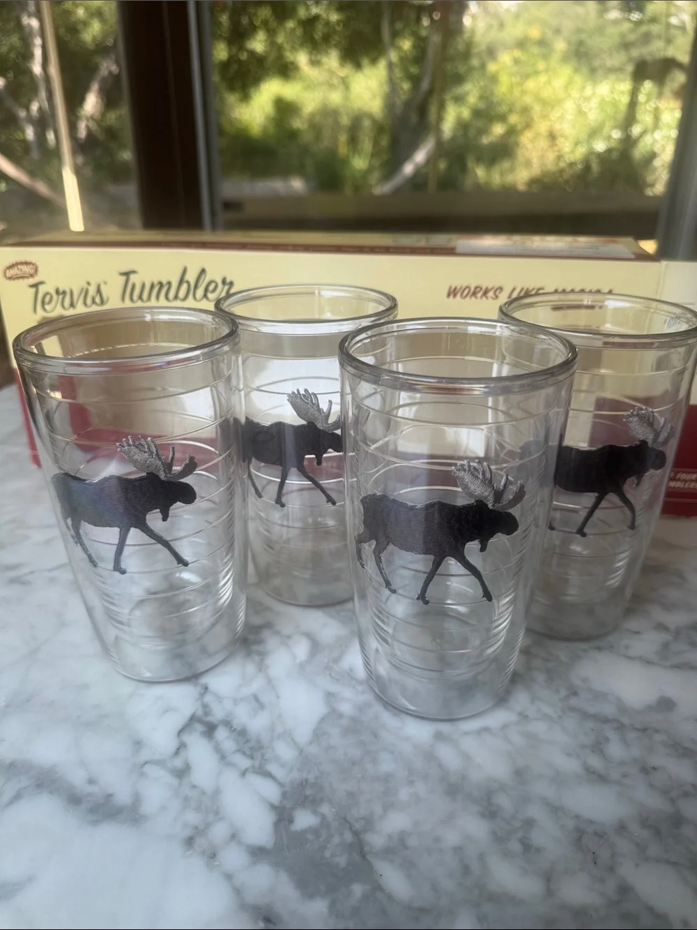 Tervis Tumbler set of four 16oz tall tumblers with moose design, vintage in box